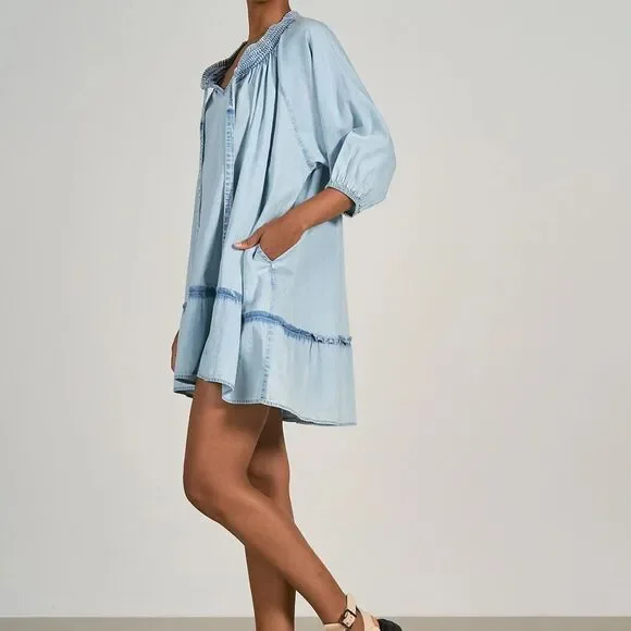 Elan Women’s Sienna Ruffle Mini Dress Blue Wash Ruffle feminine BOHO SMALL NWT - Picture 3 of 13